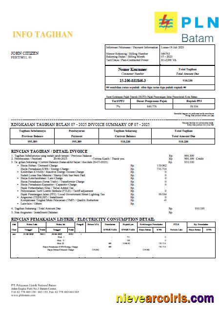 Indonesia PLN Batam utility bill